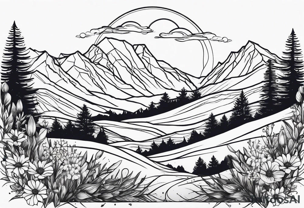 small, mountains, sun, wildflowers tattoo idea