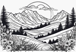 small, mountains, sun, wildflowers tattoo idea