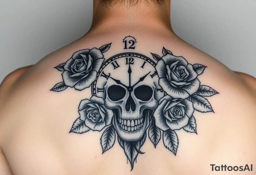 Clock face 11:43 as set time. With roses and skull tattoo idea