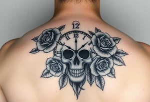 Clock face 11:43 as set time. With roses and skull tattoo idea