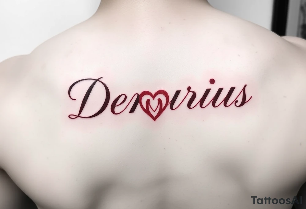 demarius name in cursive in red ink with a heart over the i tattoo idea