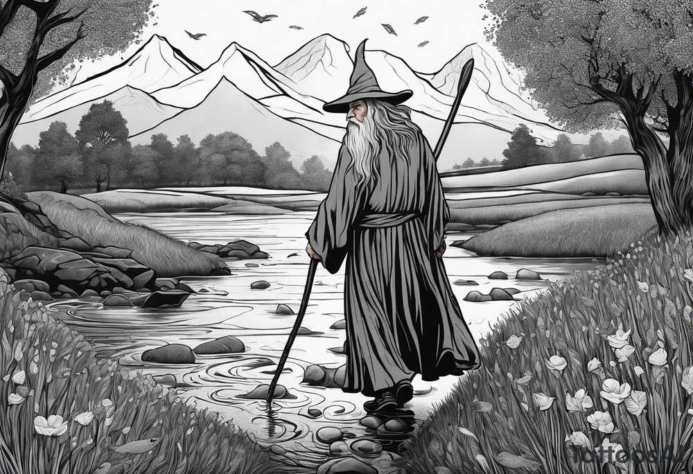 gandalf walking into a field of fish tattoo idea