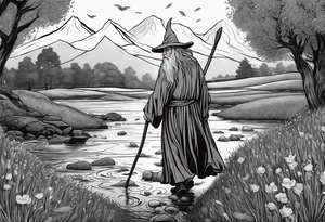 gandalf walking into a field of fish tattoo idea