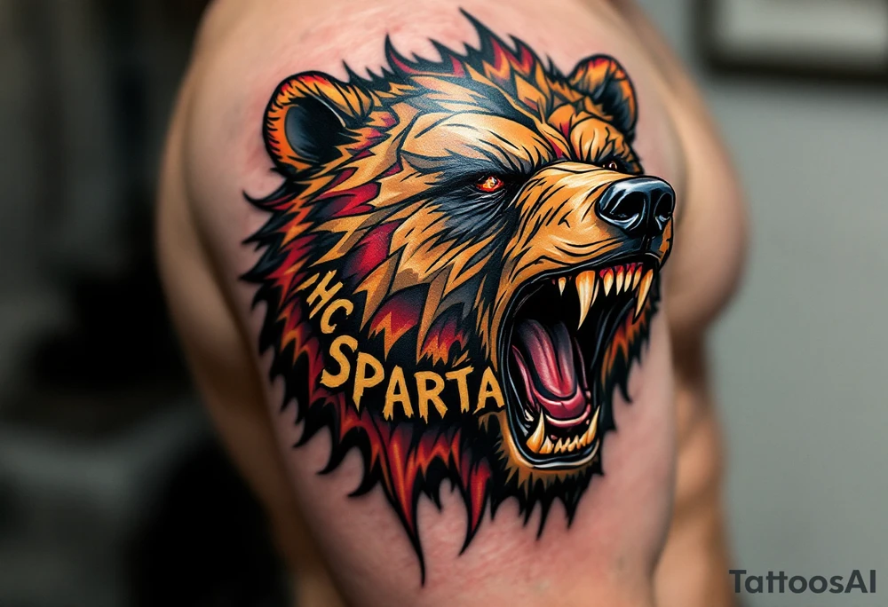 A roaring bear with HC Sparta's logo branded on its shoulder in gold and crimson. tattoo idea