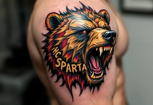 A roaring bear with HC Sparta's logo branded on its shoulder in gold and crimson. tattoo idea