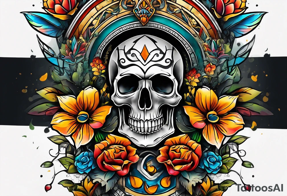 Old school center Knee tattoo with skulls, various flowers, water and fall colors tattoo idea