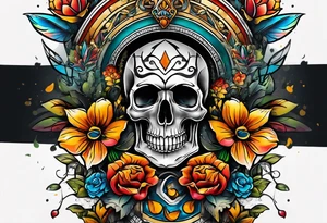 Old school center Knee tattoo with skulls, various flowers, water and fall colors tattoo idea