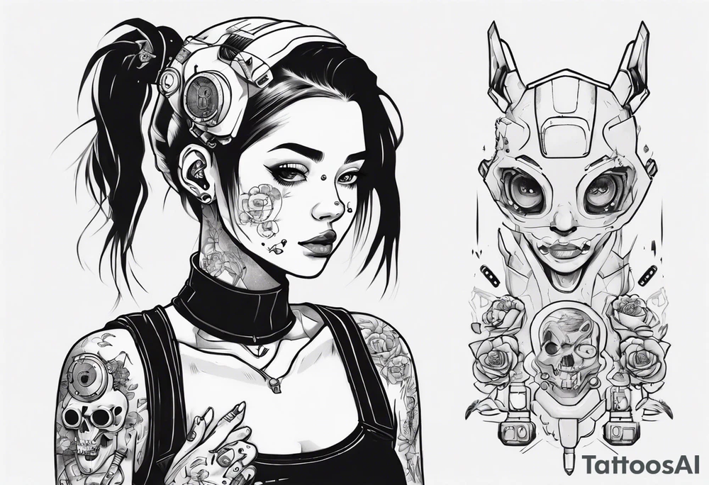 Cute cyberpunk girl, tattoo idea