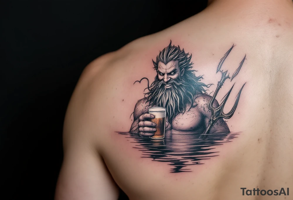 smiling poseidon in calm water, holding a trident, holding a beer tattoo idea