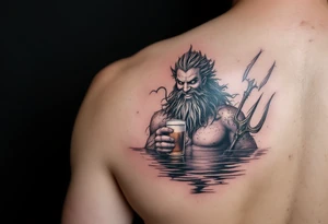 smiling poseidon in calm water, holding a trident, holding a beer tattoo idea