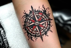 A traditional-style compass with red and black detailing, pointing toward “Dad” at true north. tattoo idea