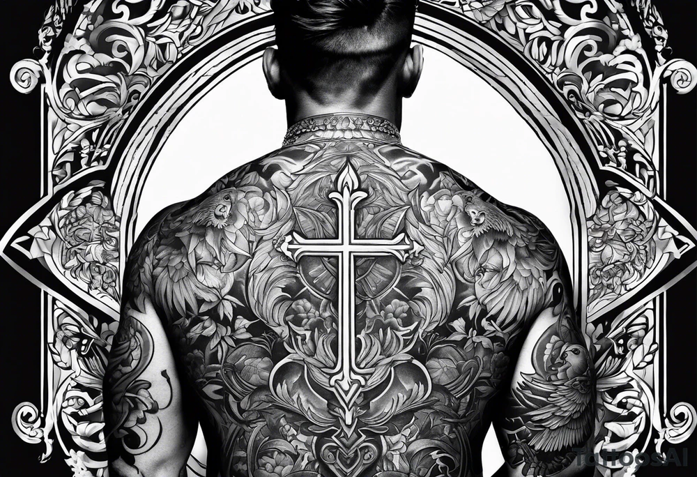 A tattoo that is placed on the upper back of a male. It should represent catholic religion, discipline, pain and the love to animals. tattoo idea