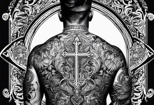 A tattoo that is placed on the upper back of a male. It should represent catholic religion, discipline, pain and the love to animals. tattoo idea