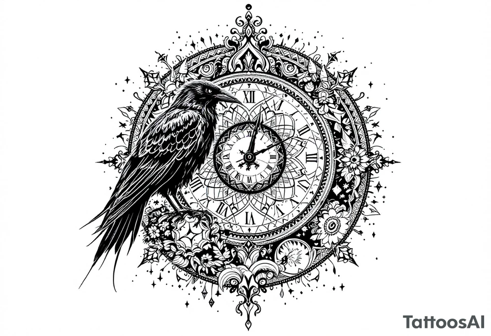 black raven standing on a clock face mandala tattoo idea