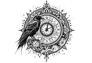 black raven standing on a clock face mandala tattoo idea