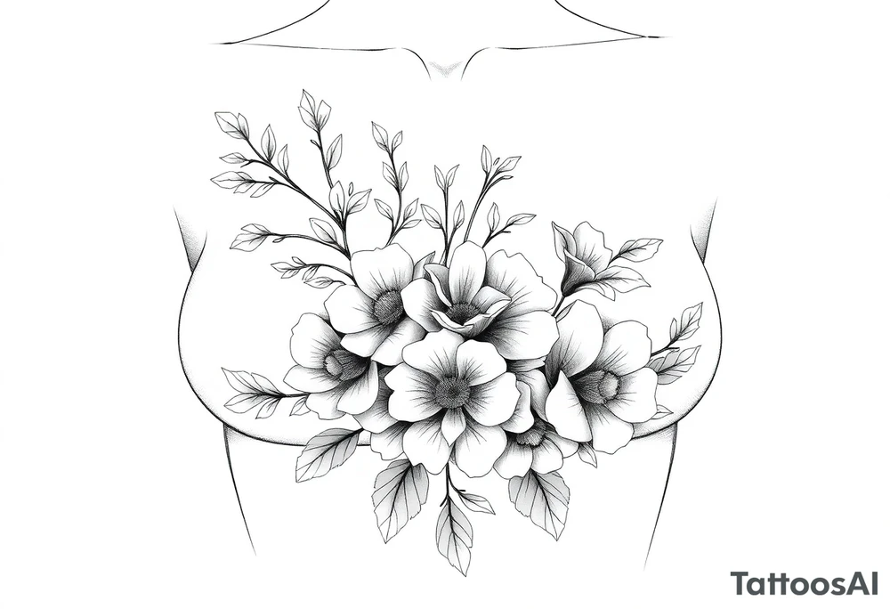 Chest sternum under boob floral tattoo tattoo idea