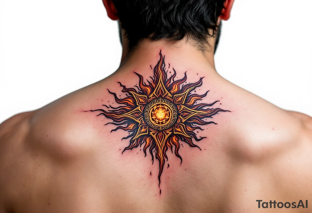 This fiery tattoo bursts with maroon, black, and ochre, its Celtic sun pattern burning like a ritual flame. tattoo idea