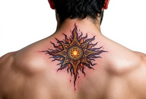This fiery tattoo bursts with maroon, black, and ochre, its Celtic sun pattern burning like a ritual flame. tattoo idea