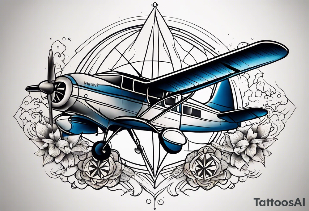Travel themed for thigh, compass rose with tiny jet plane tattoo idea
