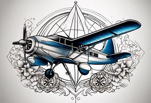 Travel themed for thigh, compass rose with tiny jet plane tattoo idea