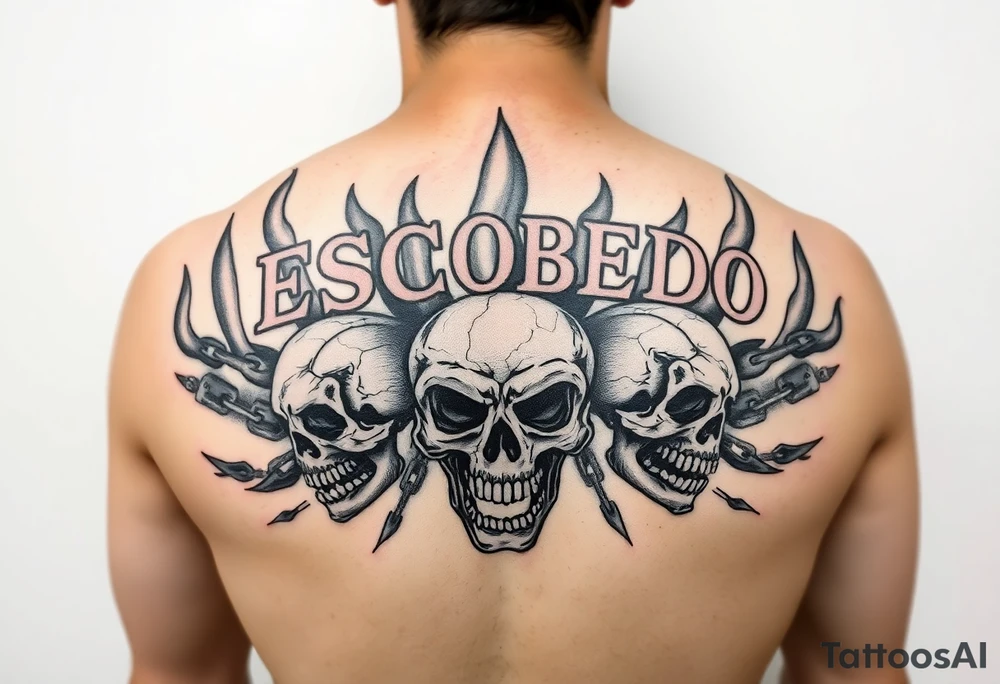 ‘Escobedo’ bold across upper back, untouched. Black flame outlines rise behind. Chains flow through flames. Cracked, snarling, and screaming skulls with Aztec details. Sharp, clean, stencil-only linework. tattoo idea