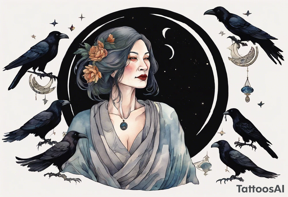 a beautiful 50 year old Dakota woman with pale skin wearing a black robe, standing on a crescent moon with bare feet, a raven on her shoulder tattoo idea