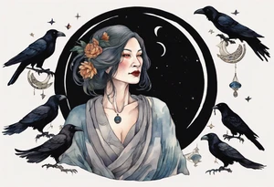 a beautiful 50 year old Dakota woman with pale skin wearing a black robe, standing on a crescent moon with bare feet, a raven on her shoulder tattoo idea