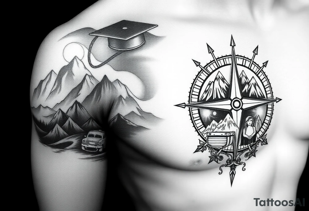 The tattoo should represent a journey from youthful enthusiasm to mature wisdom. On one side, depict the adventurous spirit of youth with imagery like rugged landscapes and exploration scenes. On the other side, reflect maturity and life experiences such as military service, career milestones, love, and family, using symbols like a graduation cap, military insignia, briefcase, wedding ring, and family.

Incorporate themes of continuous learning and self-discovery, with elements of self-love, familial bonds, community, and empathy. Contrast natural landscapes with man-made structures to symbolize the balance between nature and technology. The design should flow from left (youth) to right (maturity) and be rendered in black and white.

This will be on my right shoulder cap into my right pec. On my right pec I have an existing tattoo that is a compass with mountains in them. tattoo idea
