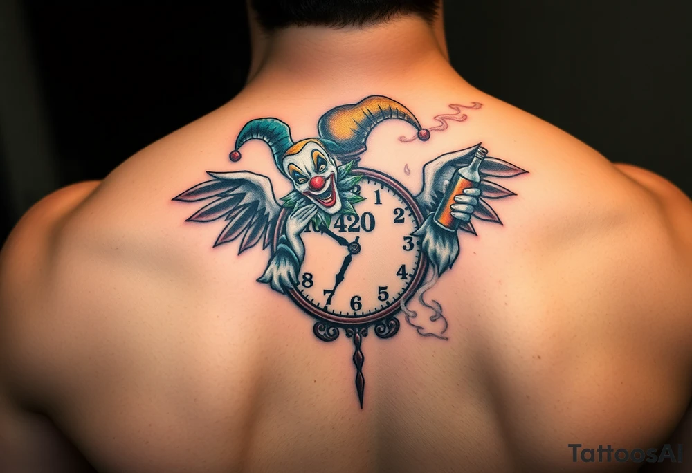 a jester clown floating in smoke with a  clock, the time says 420,  with two open wings besides the clock, smoke as the spring rising from the clock, a jester clown coming out the smoke, smoking in one hand with a liquor bottle on the other hand tattoo idea