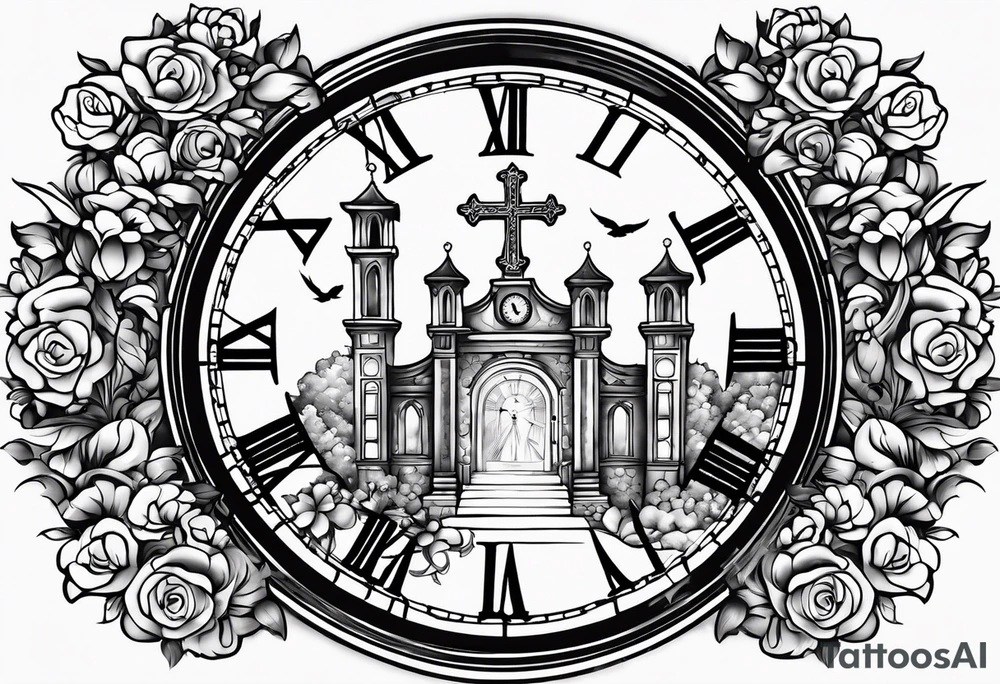Forearm tattoo:
Mawmaw
07-05-38 / 09-23-24
Grandson and grandma walking up to the gates of heaven with the gates opened shinning bright with a cross and Doves flying around 
Big Busted clock behind it with the time of her death 7:00pm tattoo idea