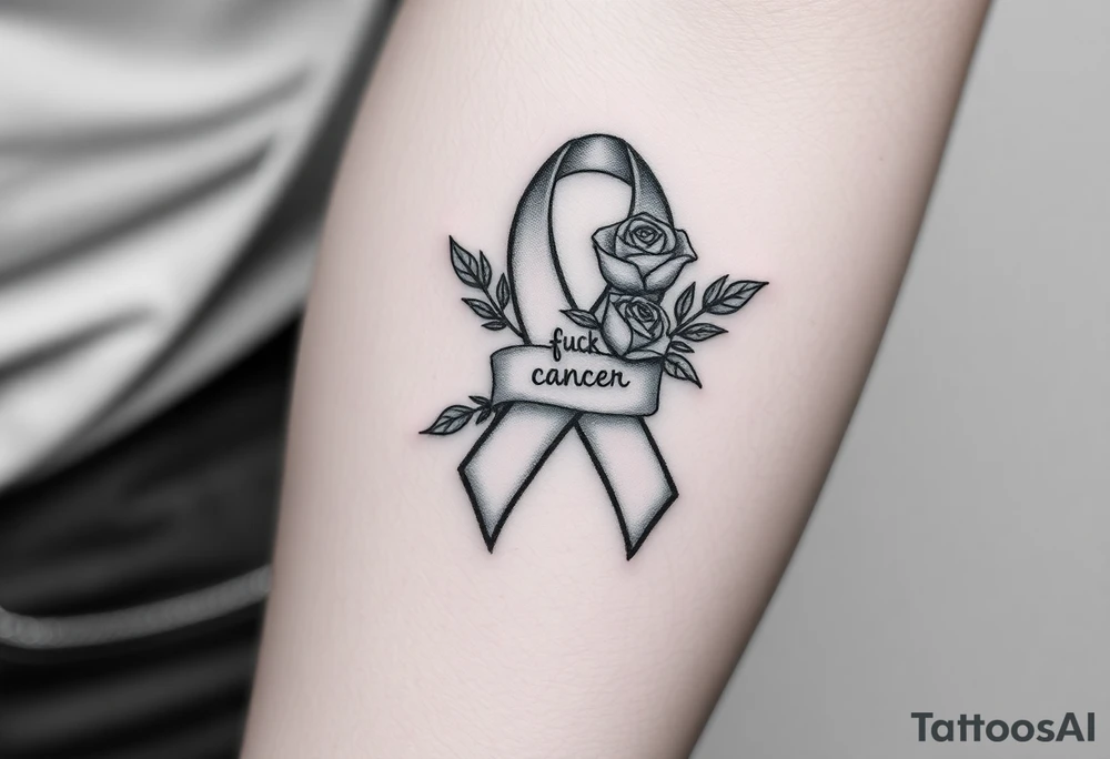 Pretty Cancer ribbon that says fuck cancer with roses tattoo idea