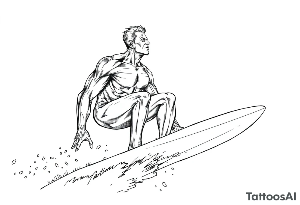 comic hero silver surfer on his board looking over in deep thought as he is in the sky tattoo idea