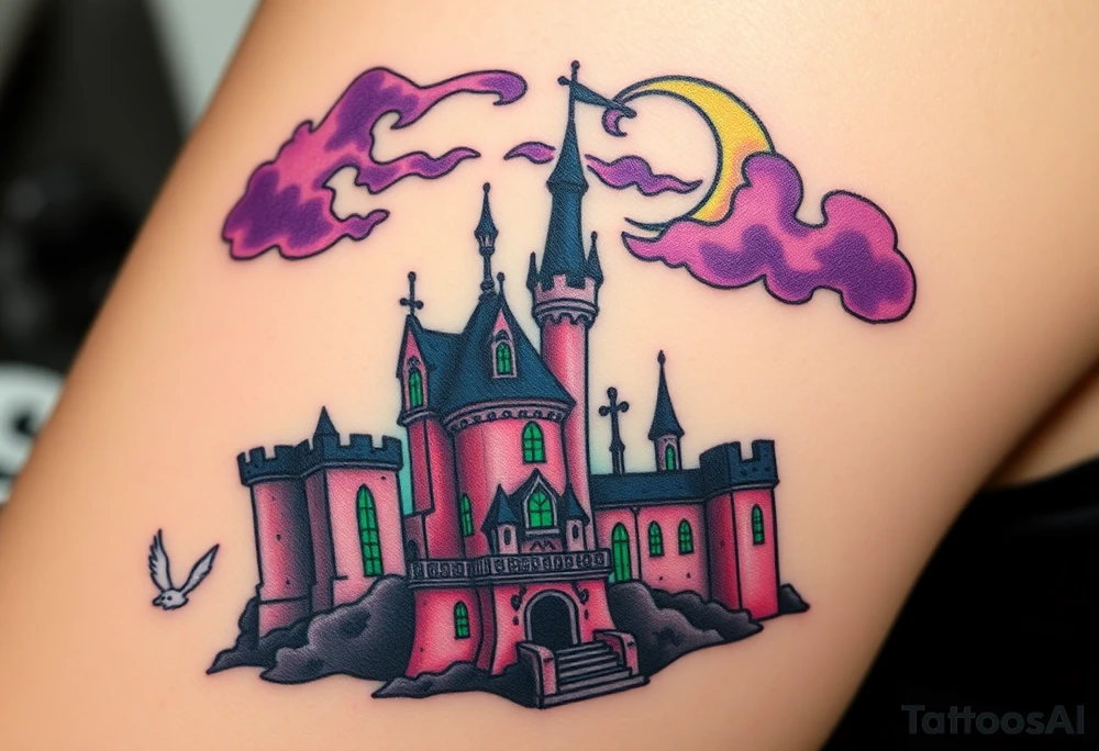 Tim Burton’s disney sleeping beauty’s haunted castle is abandoned and dripping with muted reds, dusty pinks, and eerie green glow.purple and cyan smokey clouds swirl in the crescent moonlit sky thats sprinkled with stars tattoo idea tattoo idea