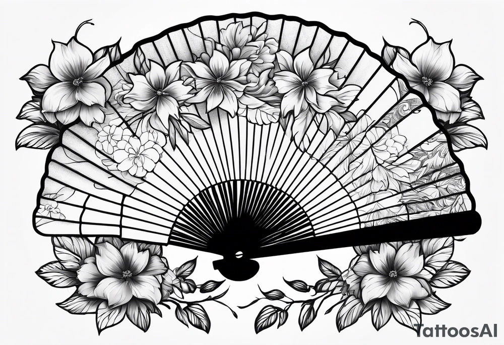 All Black Japanese fan with flowers behind it tattoo idea