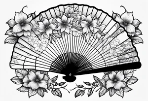 All Black Japanese fan with flowers behind it tattoo idea
