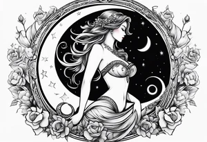 woman in dress straddling a crescent moon tattoo idea