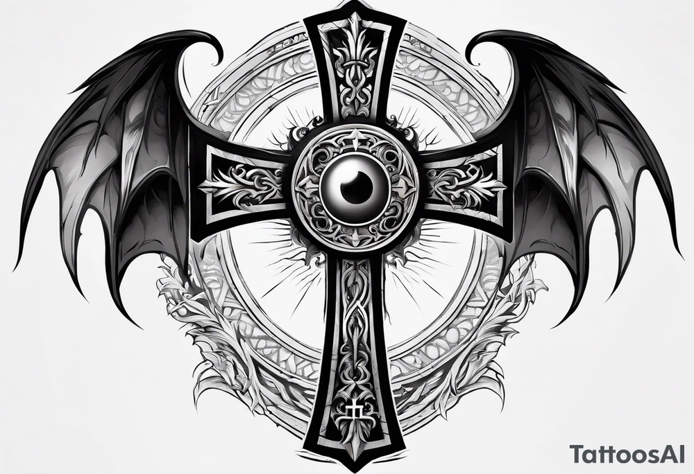 A Christian cross with sharp lower end imbedded into the ground that has roots growing from it. The cross is in the middle of two huge dragon wings. In the middle of the cross is an eye ball tattoo idea