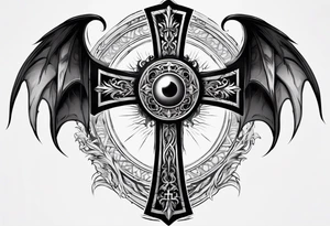 A Christian cross with sharp lower end imbedded into the ground that has roots growing from it. The cross is in the middle of two huge dragon wings. In the middle of the cross is an eye ball tattoo idea