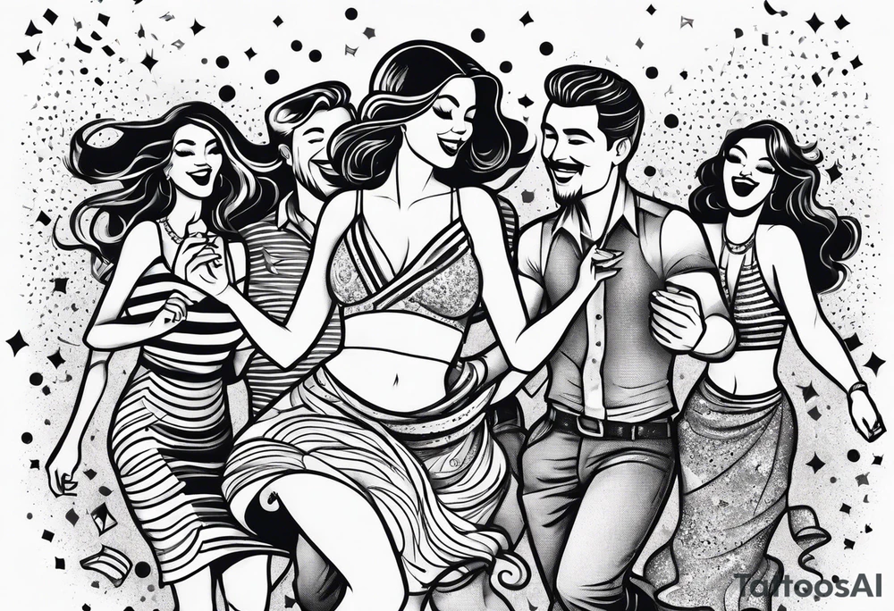 vintage beach dance party with music and confetti tattoo idea