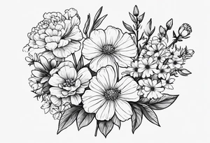 a simplistic bouquet of forget me not flowers, carnation flowers, and aster flowers with a stem that goes into the phrase “papa 09/17/52 - 01/17/24” tattoo idea