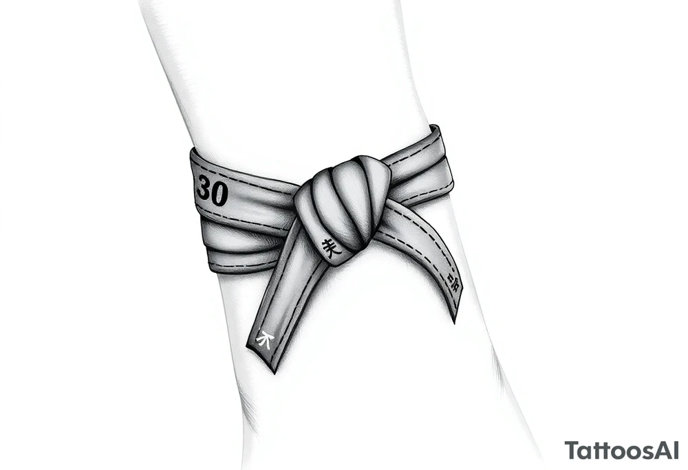 A realistic black and gray tattoo of a Brazilian Jiu-Jitsu black belt wrapping around the wrist like a bracelet. The belt is tied in a knot with one end showing the number 30 and the other showing 24. On the flat end of the belt, two Japanese kanji characters are inked in white: 成長 (growth) and 忍耐 (perseverance). The belt has subtle stitch marks and worn, textured shading for a slightly distressed, authentic look. The style is clean, symbolic, and bold, designed to wrap naturally around the wrist like a wristband.” tattoo idea