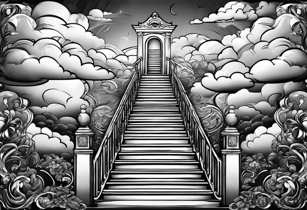 Staircase that leads through the clouds to heaven and ends at the gates of heaven. At the end there is a bright light tattoo idea