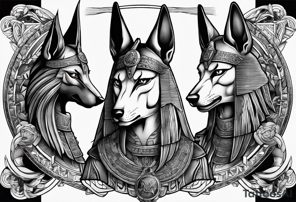The war between Anubis and ra tattoo sleeve design
Building and people tattoo idea