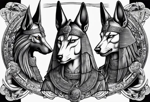 The war between Anubis  and ra tattoo sleeve design
Building and people tattoo idea