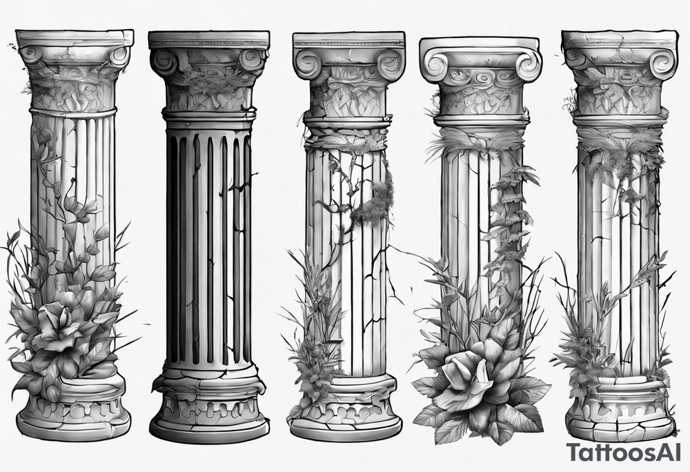 Ancient roman pillar in the Ionian style. It has cracks on it, and on the lower half some overgrown plants. 

The top part of the pillar has broken off, to the right side of the pillar, and has the word "OMNIA" inscribed on it. tattoo idea