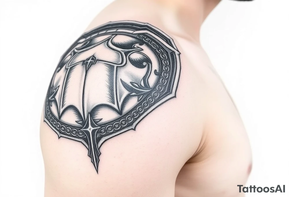 Exquisitely detailed shoulder pauldron with chainmail and plate armor from trapezius I below elbow tattoo idea