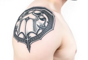 Exquisitely detailed shoulder pauldron with chainmail and plate armor from trapezius I below elbow tattoo idea