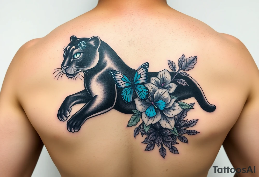 "Neo-traditional black panther curved along ribs, Gemini constellation in eyes, monstera leaves on chest, blue morpho butterfly on orchid near collarbone, jungle vines wrapping legs – color palette: emerald, indigo, turquoise, plum – 10x7 inches" tattoo idea