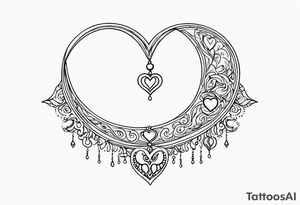 Crescent moon with heart shaped jewels dangling from the bottom of it tattoo idea