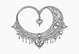 Crescent moon with heart shaped jewels dangling from the bottom of it tattoo idea